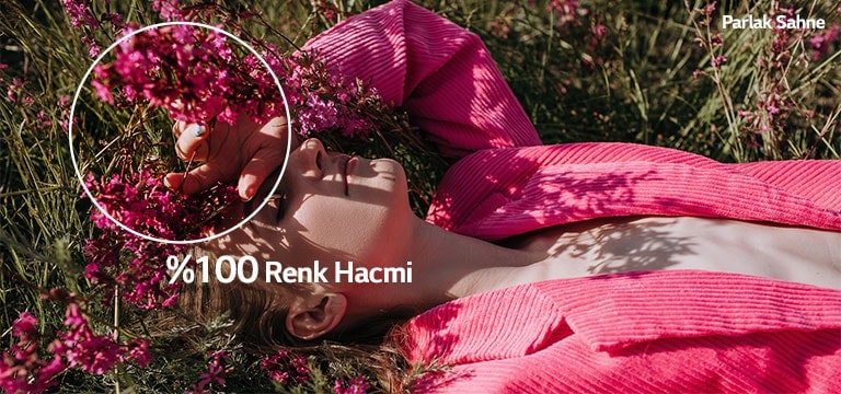 Çimenlerin ve pembe çiçeklerin arasında yatan genç bir kızın elini gözlerinin üzerinde tuttuğunu gösteren video. Video oynatılırken Renk Hacmi yüzdesi göstergesi %70'ten %100'e yükseldikçe renkler zenginleşir.
