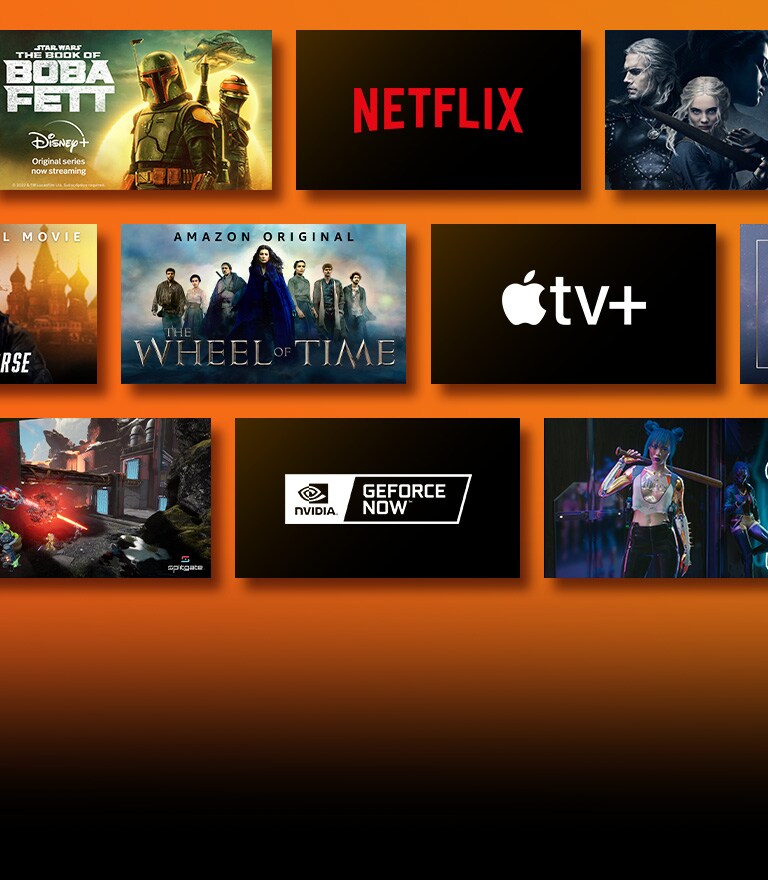 Her logonun yanında yayın akışı hizmeti platformlarının logoları ve eşleşen görüntüler vardır. Netflix logosu, Money Heist ve Witcher. Prime Video logosu, Without Remorse ve The Wheel of Time. Livenow logosu, mamamoo tanıtım resmi ve OneUs tanıtım resmi. NVIDIA Geforce Now logosu, Cyberpunk 2077 ve Splitgate'in oyun görüntüleri. Apple TV plus logosu, Foundation ve Finch.