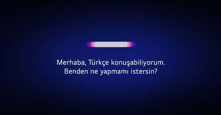 Bir ses tanıma simgesi, şu sesli komuta tepki verir: "Merhaba, Türkçe anlıyorum. Benden bir şey yapmamı iste." (videoyu oynatın)