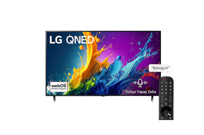 LG QNED TV, QNED80’un önden görünümü. Ekranda LG QNED, 2024 yazısı ve webOS Re:New Program logosu yer alıyor.