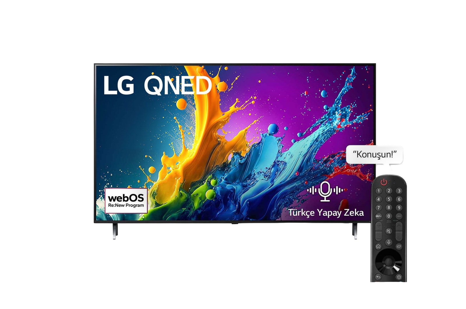 LG QNED TV, QNED80’un önden görünümü. Ekranda LG QNED, 2024 yazısı ve webOS Re:New Program logosu yer alıyor.