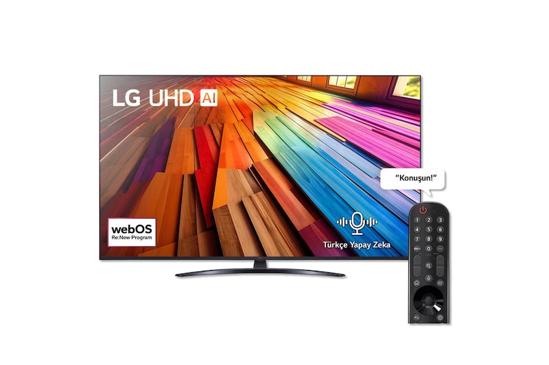 LG UHD TV, UT81’un önden görünümü. Ekranda LG UHD AI ThinQ, 2024 yazısı ve webOS Re:New Program logosu yer alıyor.