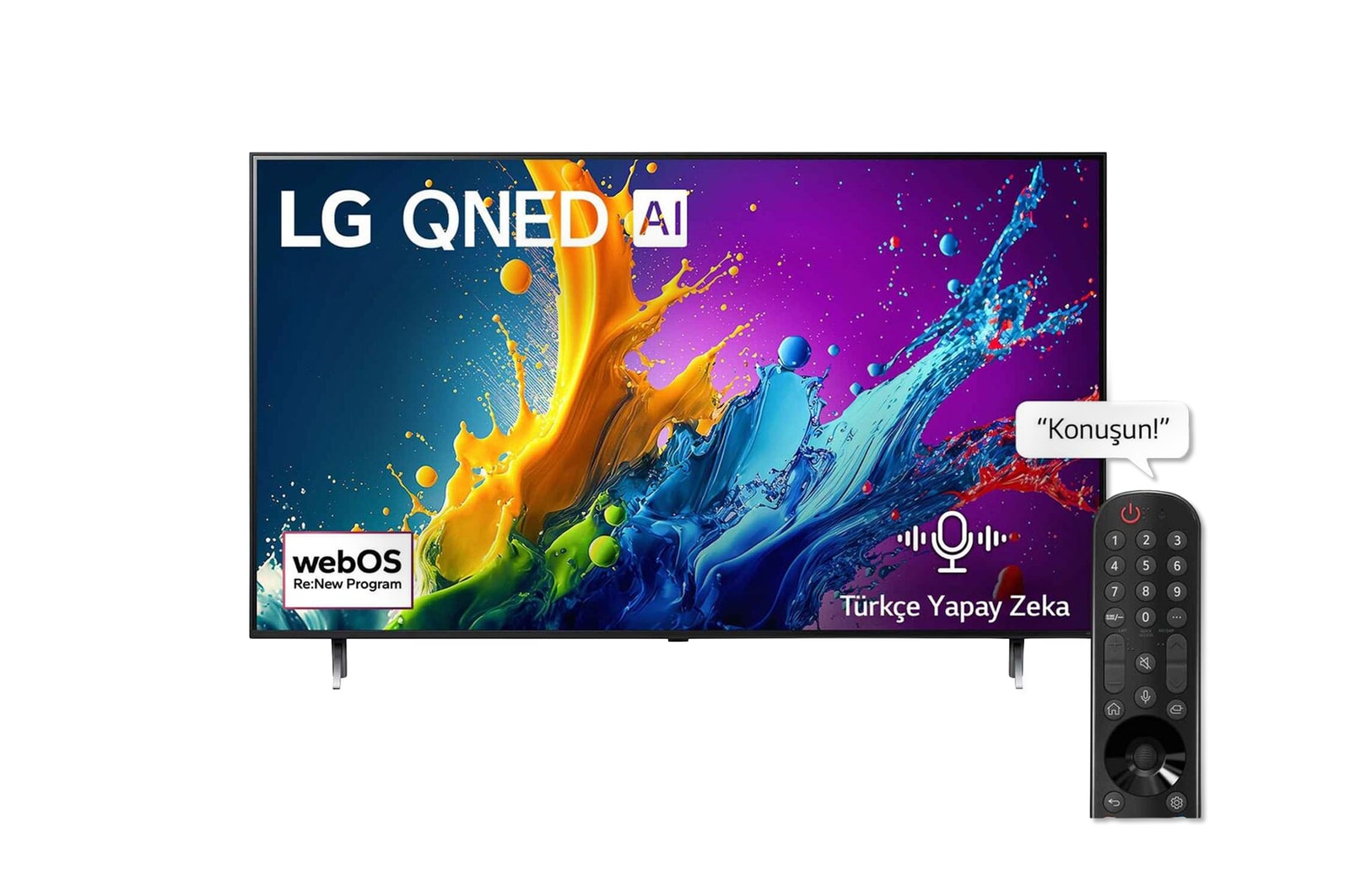LG QNED TV, QNED80’un önden görünümü. Ekranda LG QNED, 2024 yazısı ve webOS Re:New Program logosu yer alıyor.
