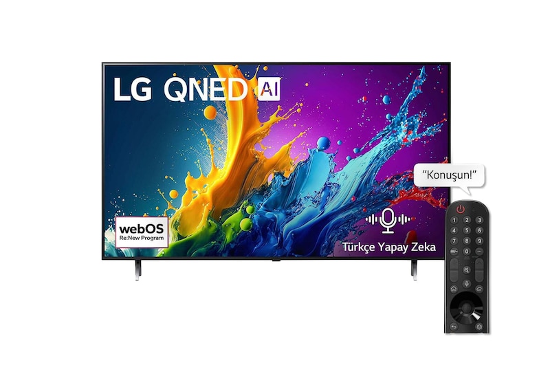 LG QNED TV, QNED80’un önden görünümü. Ekranda LG QNED, 2024 yazısı ve webOS Re:New Program logosu yer alıyor.