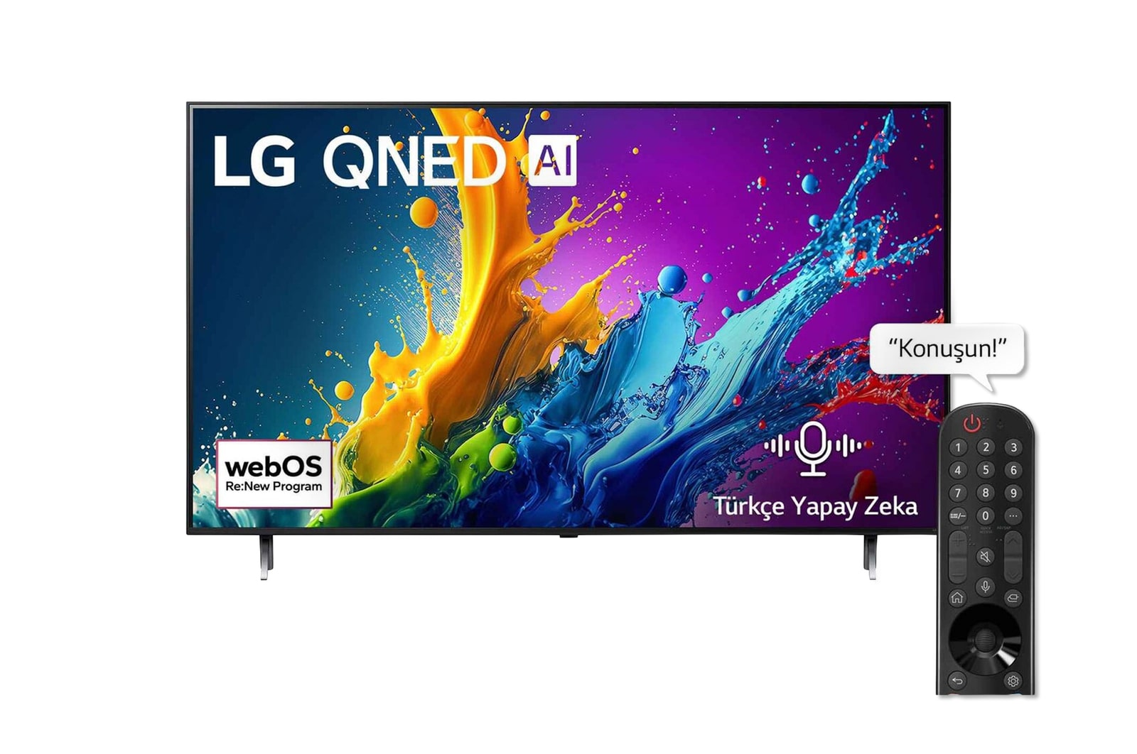 LG QNED TV, QNED80’un önden görünümü. Ekranda LG QNED, 2024 yazısı ve webOS Re:New Program logosu yer alıyor.