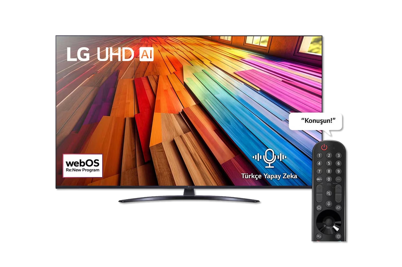 LG UHD TV, UT81’un önden görünümü. Ekranda LG UHD AI ThinQ, 2024 yazısı ve webOS Re:New Program logosu yer alıyor.