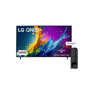 LG QNED TV, QNED80’un önden görünümü. Ekranda LG QNED, 2024 yazısı ve webOS Re:New Program logosu yer alıyor.