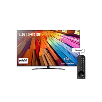 LG UHD TV, UT81’un önden görünümü. Ekranda LG UHD AI ThinQ, 2024 yazısı ve webOS Re:New Program logosu yer alıyor.