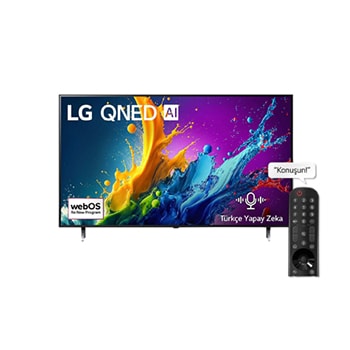 LG QNED TV, QNED80’un önden görünümü. Ekranda LG QNED, 2024 yazısı ve webOS Re:New Program logosu yer alıyor.