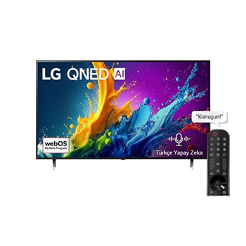 LG QNED TV, QNED80’un önden görünümü. Ekranda LG QNED, 2024 yazısı ve webOS Re:New Program logosu yer alıyor.