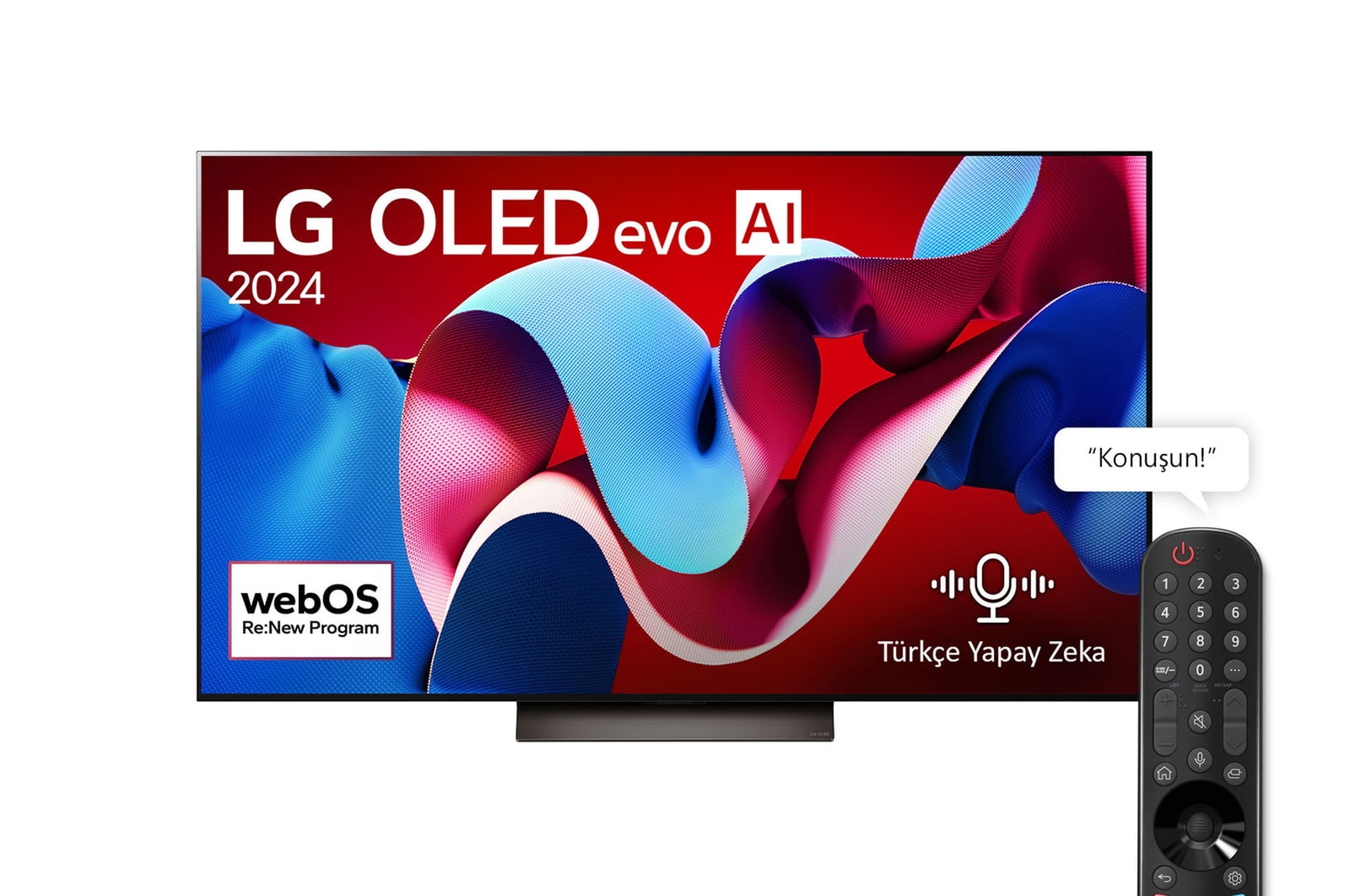 LG OLED evo AI TV, OLED C4’ün önden görünümü. Ekranda 11 Yıldır Dünyanın 1 Numaralı OLED’i Amblemi logosu ve webOS Re:New Program logosu ve altta Soundbar.