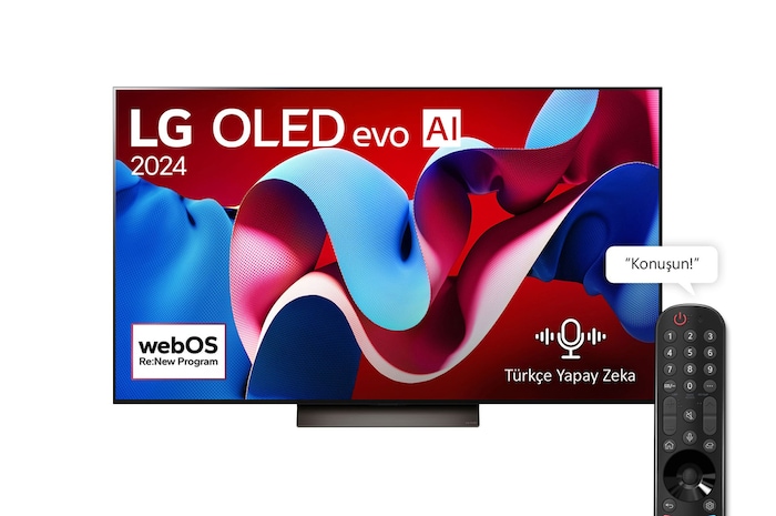 LG OLED evo AI TV, OLED C4’ün önden görünümü. Ekranda 11 Yıldır Dünyanın 1 Numaralı OLED’i Amblemi logosu ve webOS Re:New Program logosu ve altta Soundbar.