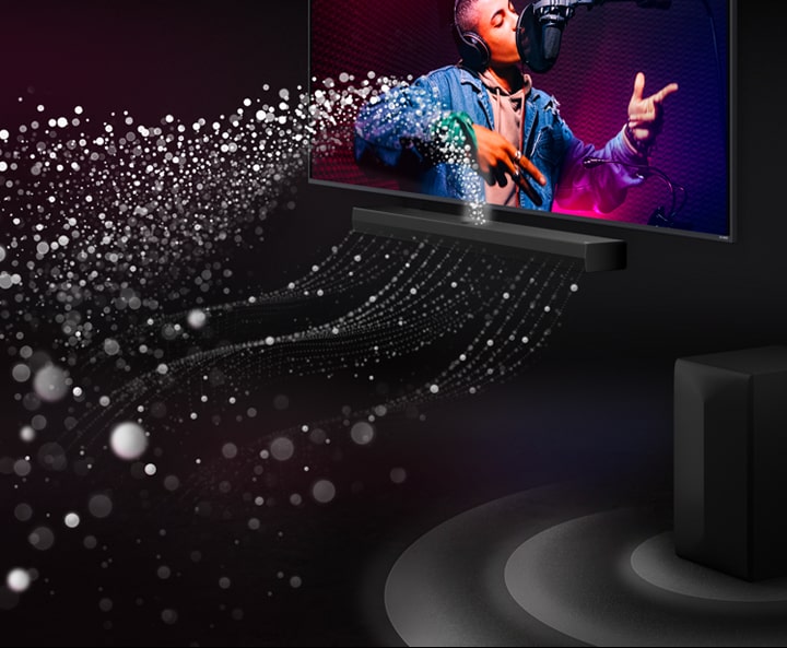 Siyah bir odada bulunan LG Soundbar ve LG TV bir müzik performansını gösteriyor. Soundbardan yukarı ve ileri yönde ses dalgalarını temsil eden beyaz damlacıklar fırlıyor. Subwoofer alttan bir ses efekti oluşturuyor.	