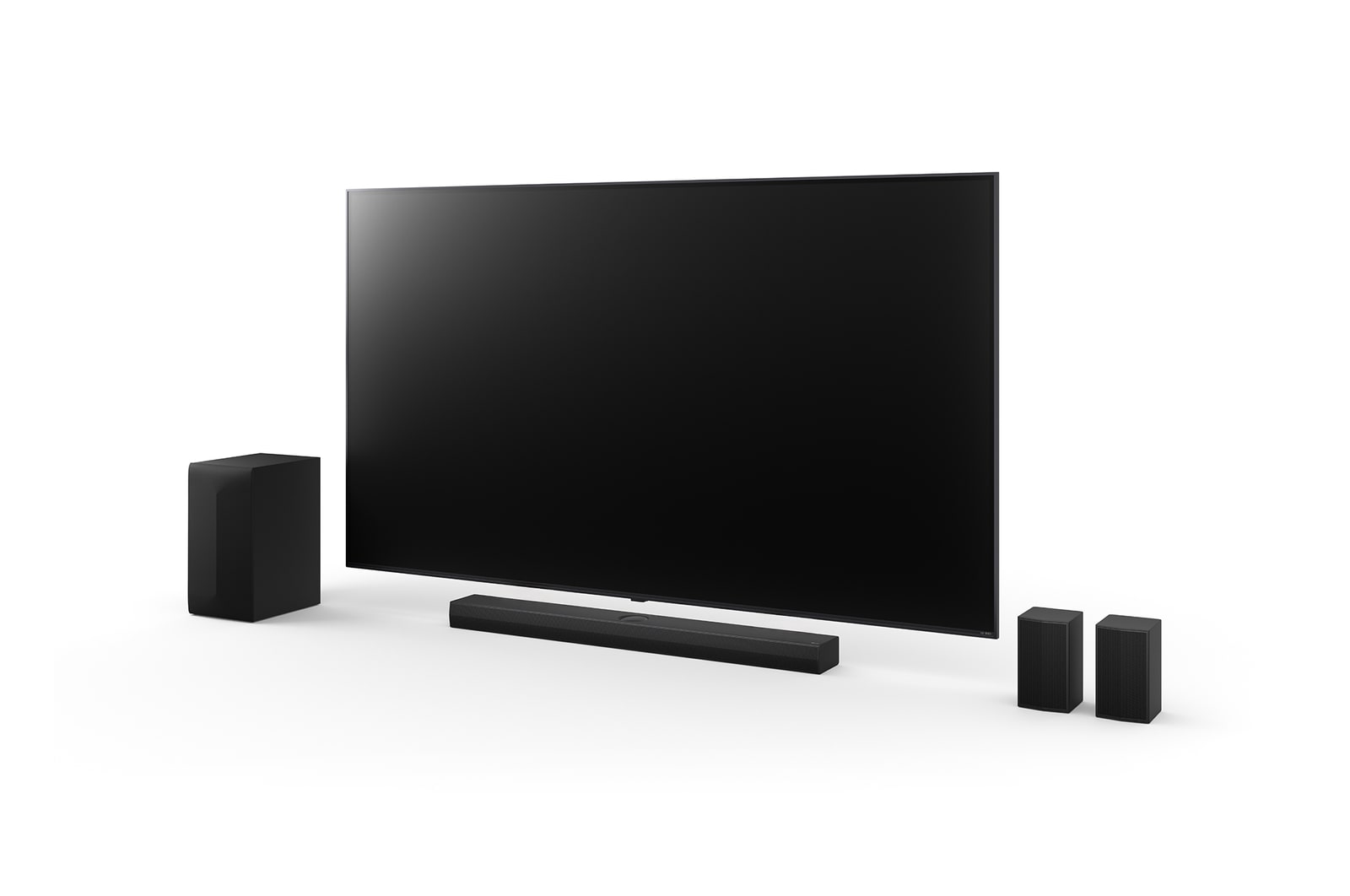75 inç LG QNED, LG Soundbar S75TR, Arka Hoparlörler ve subwoofer’ın açılı görünümü