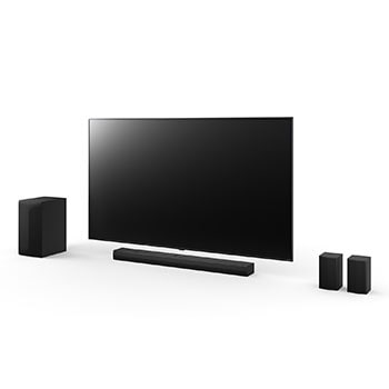 65 inç LG QNED, LG Soundbar S75TR, Arka Hoparlörler ve subwoofer’ın açılı görünümü