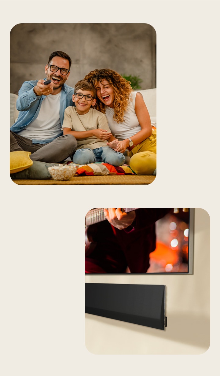 İki kadın koltukta oturarak patlamış mısır yiyor. Duvara monteli LG TV ve altındaki duvara monteli LG Soundbar’ın sağ alt köşesinin yan açılı yakın çekim görüntüsü.