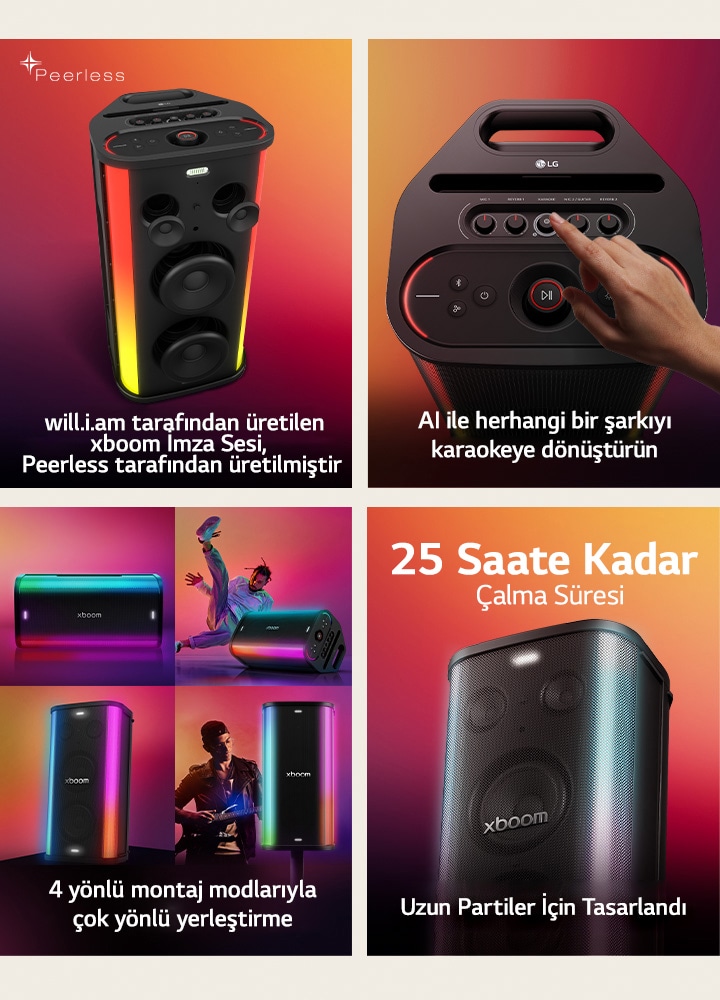 LG xboom Stage 501, Peerless tarafından özel olarak ayarlanmış ses kalitesine ve dahili aydınlatmaya sahip güçlü bir parti hoparlörüdür. LG xboom Stage 501, parti hoparlöründeki manuel ayarlama kontrolleri sayesinde herhangi bir şarkıyı AI destekli karaoke’ye dönüştürür. LG xboom Stage 501, çok yönlü 4 yönlü montaj modlarını gösteren farklı kurulumlarda sergilenen bir parti hoparlörüdür. LG xboom Stage 501, gündüzden geceye ve sonrasında 25 saate kadar pil ömrü süresini vurgulayan bir parti hoparlörüdür.