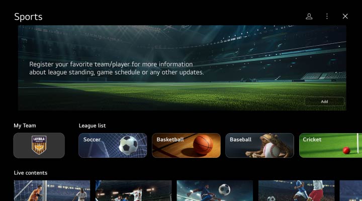 畫面顯示 Sports Portal 頁面的使用者介面，展示使用者如何登記喜愛的球隊，以及內容的分類如何讓體育迷更方便使用。