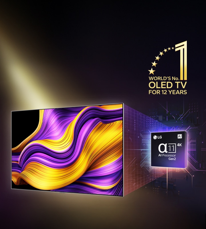 LG OLED TV 的螢幕上顯示著色彩繽紛的抽象藝術作品，alpha 11 AI 處理器 Gen2 在電視的背後以高亮顯示。處理器發出明亮的光，電視則顯示著處理器的先進技術。同時還顯示「連續 12 年全球銷售第一的 OLED TV」的標誌。