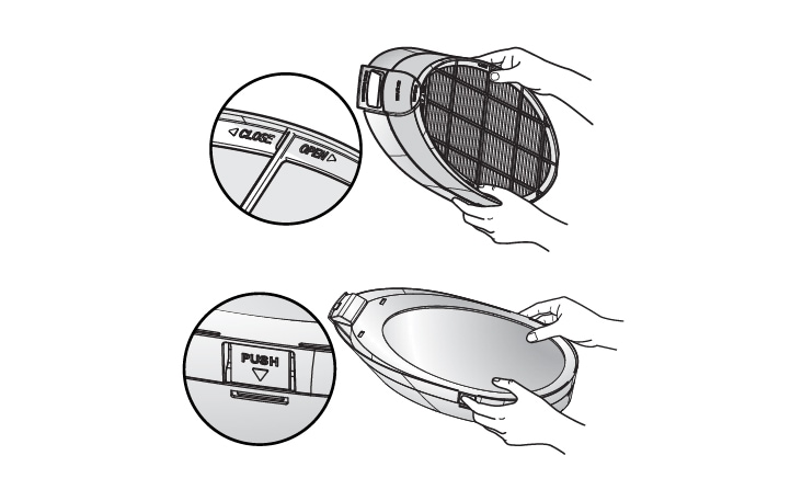 抓住濾網盒,向上拉出 Dual Protection Filter 雙重保護濾網的把手將其移除 拆除濾網盒的頂蓋和底蓋 按下兩個蓋的按鈕部分
