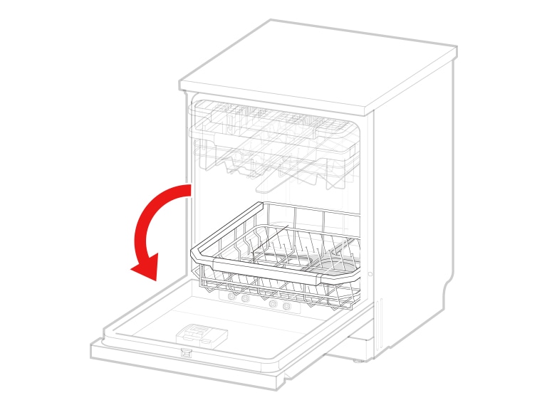 打開洗碗機機門並拉出下層碗架。