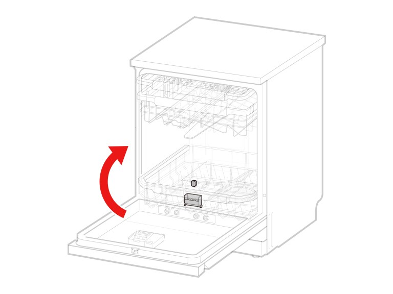 將下層碗架推回洗碗機中並關閉機門。