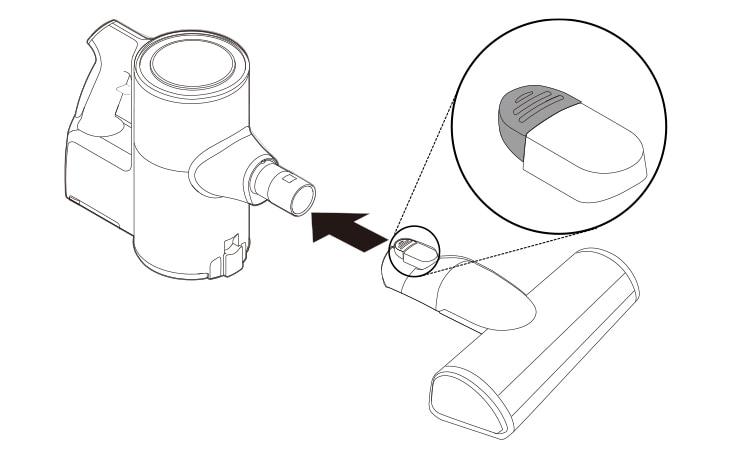 按下吸頭釋放按鈕，將吸頭從延長管或產品本體拆下 讓吸頭、工具或延長管滑入機身上的接口，直至聽見咔噠聲 吸頭和工具也可安裝在延長管的末端