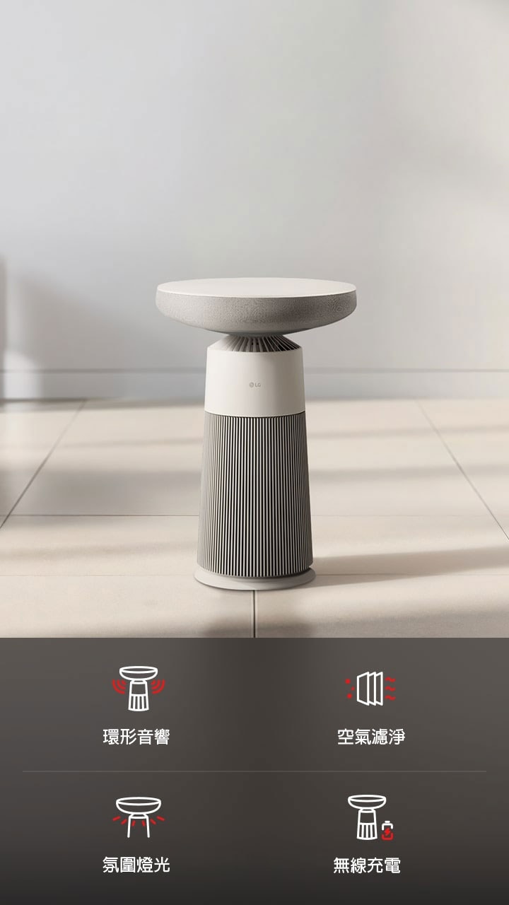 房間中 LG AeroSpeaker 的圖片，提供四重功能：藍牙音響、淨化空氣、氣氛燈、無線充電。