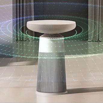 位於現代風格室內的 LG Aerospeaker 圖片，視覺化呈現 360 度環繞音效，突顯其音響功能。