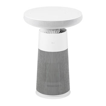 帶白色頂部和黑色條紋底座的 LG PuriCare™ Aerospeaker 斜角前視圖