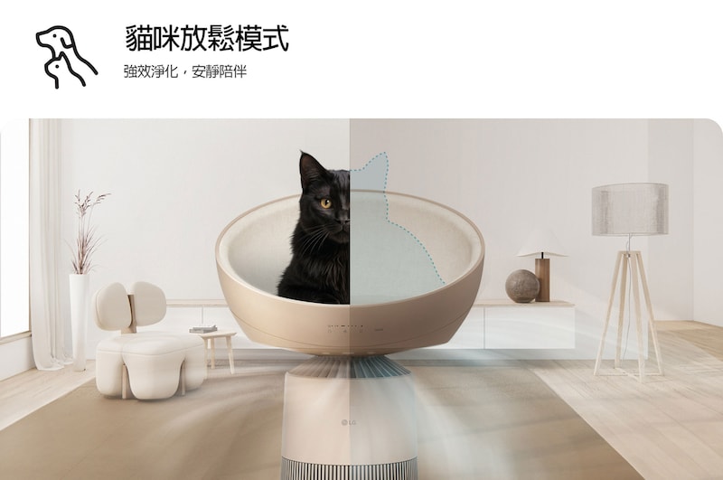 配有加熱圓頂座椅的寵物空氣清淨機。氣流會根據貓咪的在場情況調整：有貓咪時較弱，無貓咪時較強。文字說明：貓咪放鬆模式：強大的空氣淨化功能，在貓咪使用時以靜音運作，提供舒適享受。