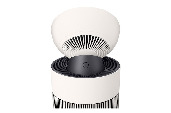 LG 空氣清淨機頂部後視圖，顯示通風結構和機頭設計