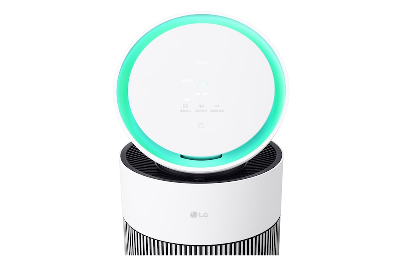 LG 空氣清淨機頂部顯示屏特寫，空氣品質指示燈亮起。
