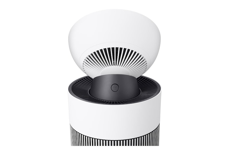 LG 空氣清淨機頂部後視圖，顯示通風結構和機頭設計