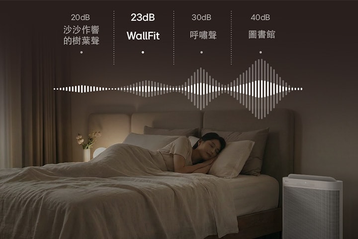 安靜的臥室配備 LG 空氣清淨機，突顯 23dB 低噪音讓你安享一夜好眠的優點。