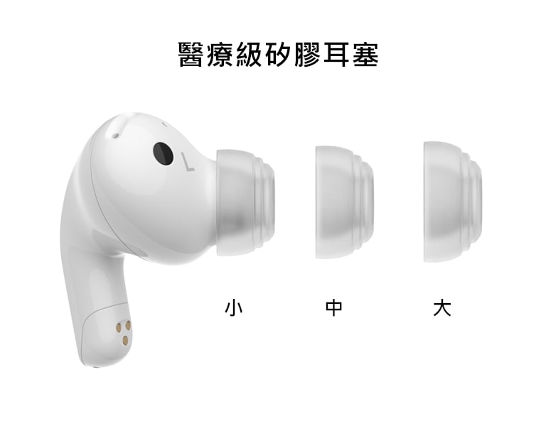 耳機和三種尺寸的耳塞之側視圖。