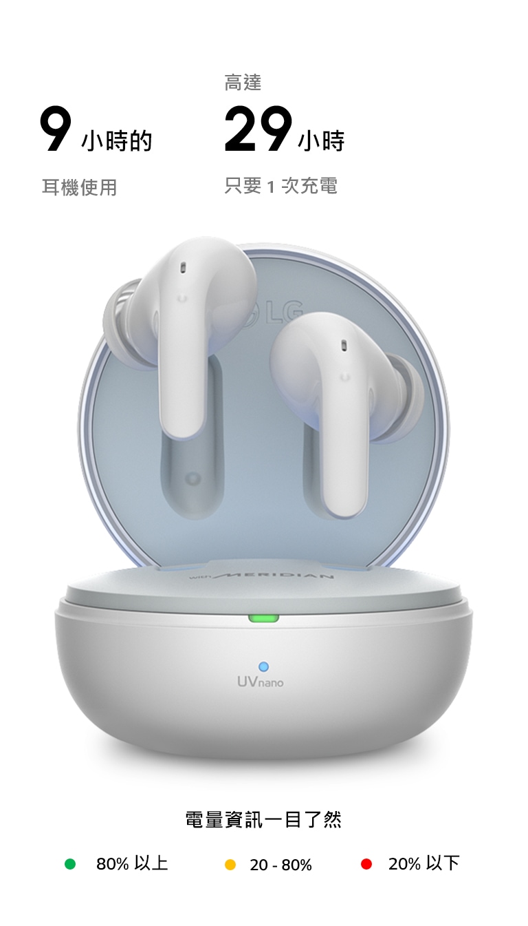 耳機漂浮在打開的充電盒上方。旁邊為充電盒顯示的不同顏色之圖示。電量資訊一目了然。綠燈表示 80% 以上。黃燈表示 20-80%。紅燈表示 20% 以下。