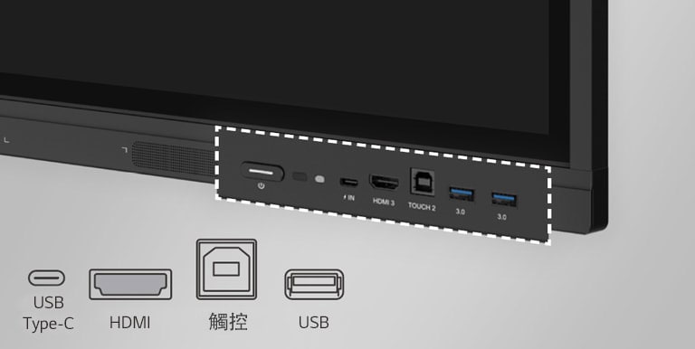 LG CreateBoard 設有前置連接埠,例如 USB 和 HDMI。