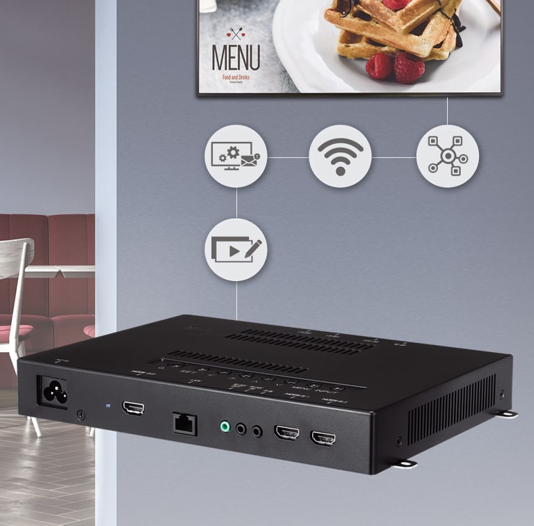 WP402 與 LG 數位顯示器相連，可提供多項的功能。