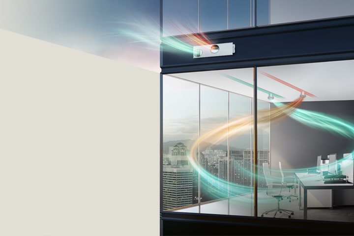  辦公室內安裝全熱交換器，冷熱空氣兩道氣流交換，改善空氣品質及溫度 