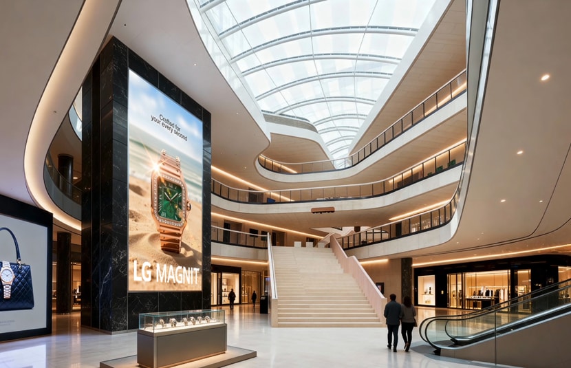 LG MAGNIT 商場應用示意圖,挑高中庭的直立式 LED 螢幕展示腕錶廣告。