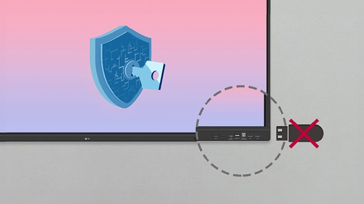 LG 觸控數位白板可為了安全原因，設為停用連接至顯示器的 USB。