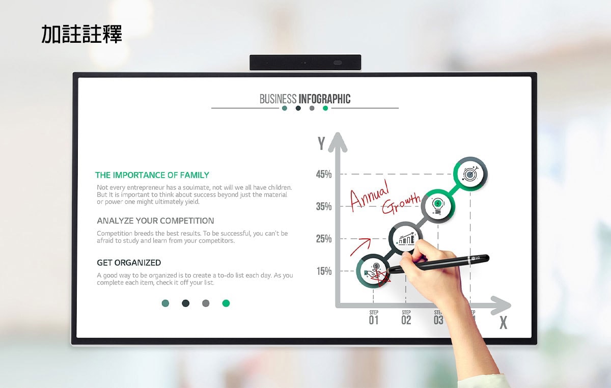 一人正用專用觸摸筆在 LG One:Quick Flex 顯示的數據上做筆記。