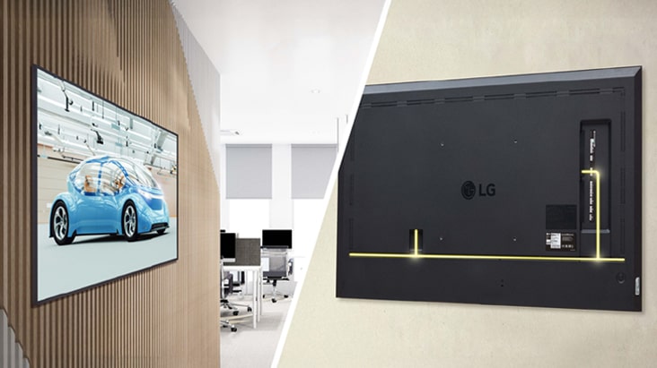 具有纖薄邊框的 UH5Q 貼近牆壁安裝，配備簡單的電線管理系統，展示專為節省空間而優化的背面設計。