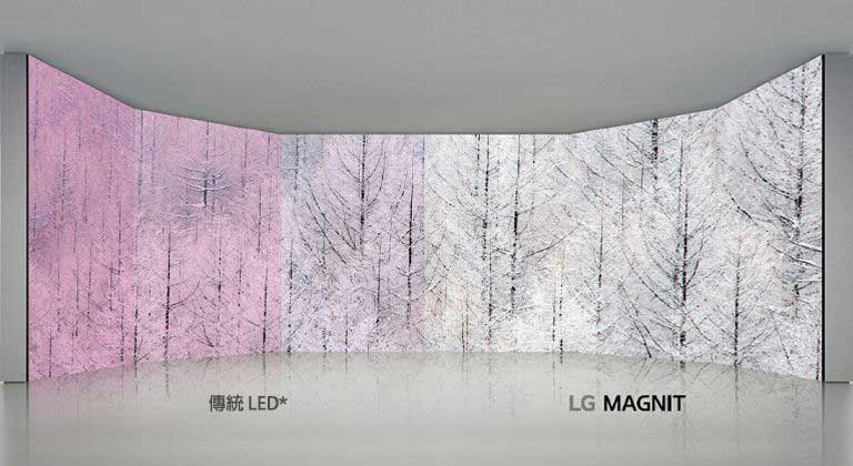 傳統 LED 螢幕在不同的廣角下會形成色彩扭曲 (呈現紅色)，LG MAGNIT 則能在廣角下保持準確的色彩。