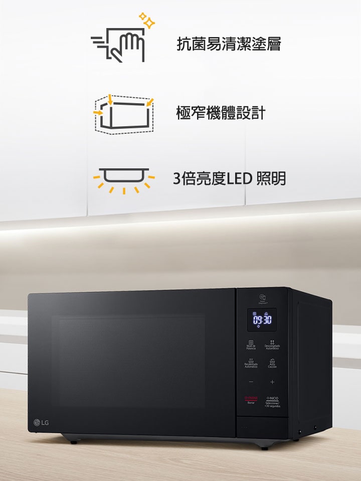 廚房內有微波爐和三個主要功能特色的說明
