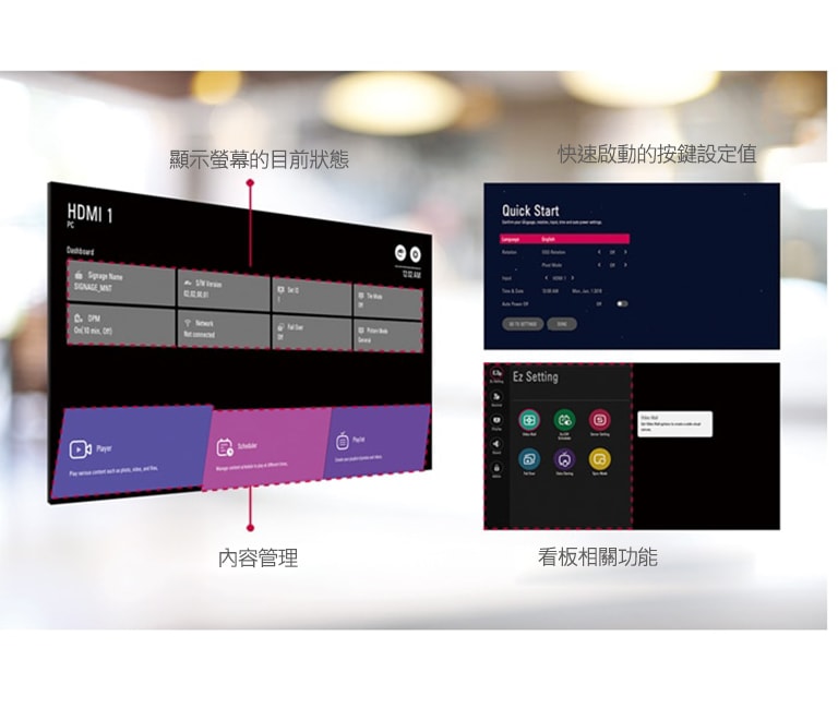 顯示螢幕可使用使用者友善 GUI 和遙控輕鬆控制。
