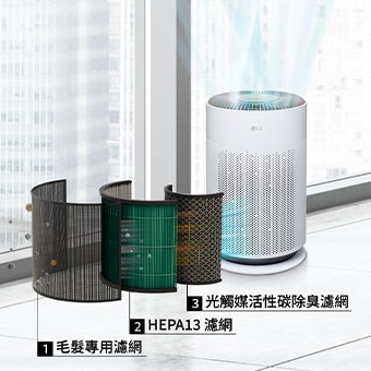 窗前有一台有空氣流通的 PuriCare 空氣清淨機，前面可以看到三個濾網在過濾灰塵。