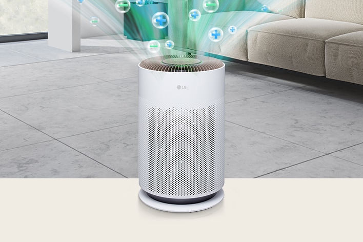 空氣清淨機的頂端有空氣釋放出來，並且顯示代表 正負離子的泡泡。