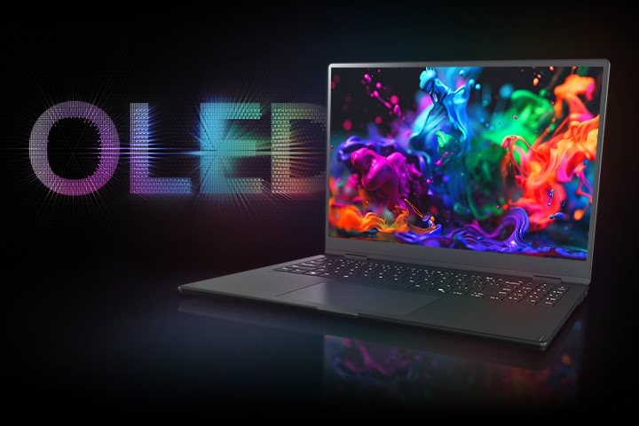 一台筆記型電腦配備鮮豔的 OLED 螢幕，顯示色彩繽紛的抽象畫面，背景中顯示著發光的 OLED 字樣標誌。